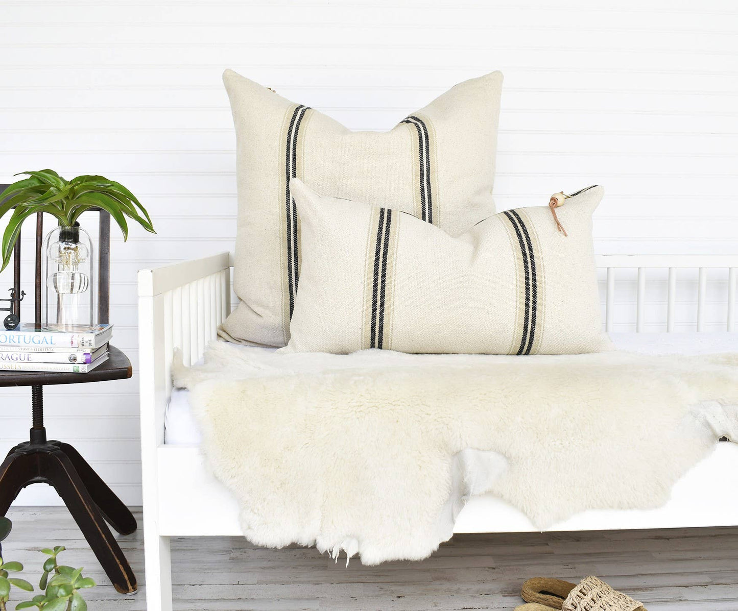 FRENCH COTTON LUMBAR PILLOW WITH BLACK STRIPES