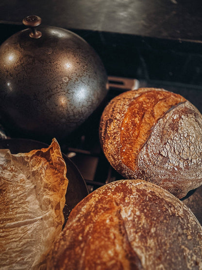 Bread cloche lid and rustic homemade boules with crispy crusts and parchment paper