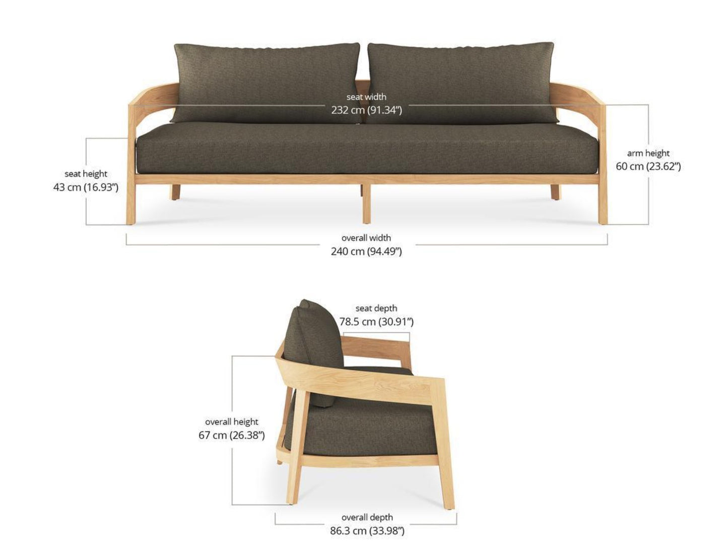 RALEIGH TEAK 3 SEATER W/ SEAT & BACK CUSHIONS - OUTDOOR TEAK