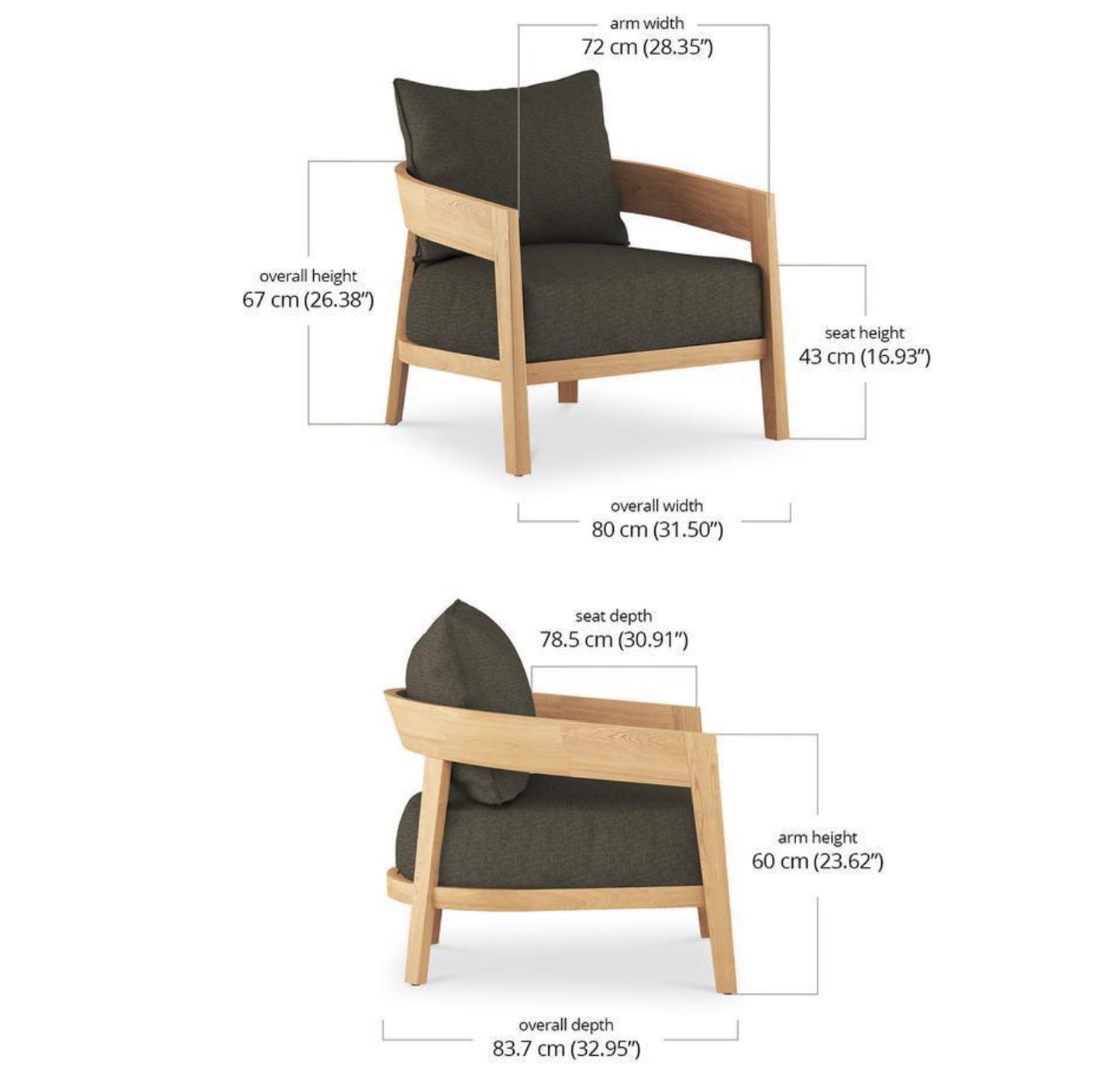 RALEIGH TEAK SINGLE SEATER W/ SEAT & BACK CUSHIONS - OUTDOOR TEAK