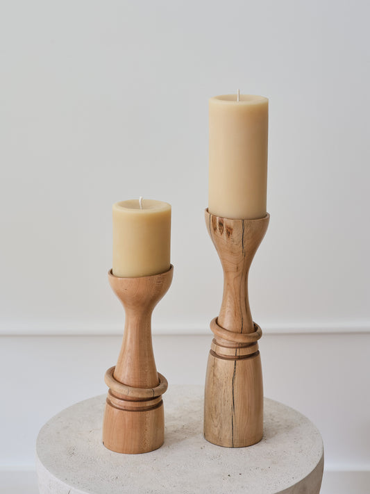 Hand-Carved Maple Wood Candlesticks, Pair