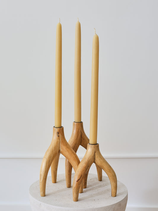 Hand-Carved Maple Wood Candlesticks, Set of 3