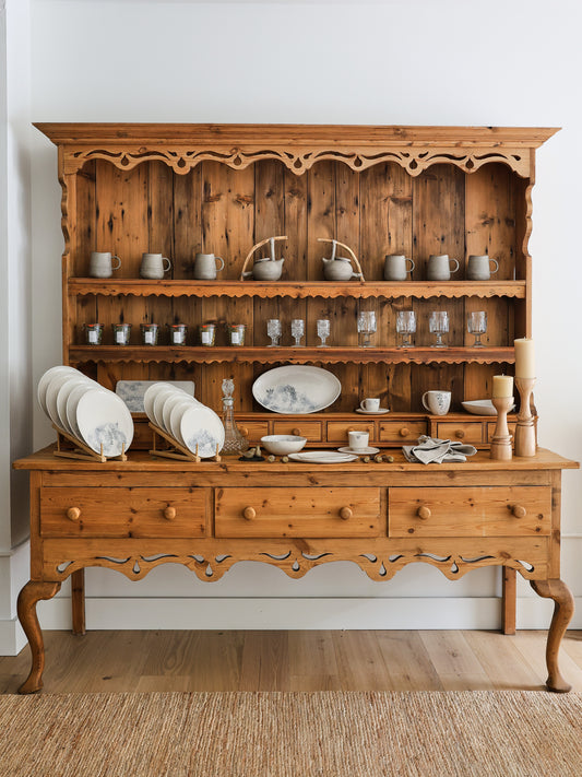 LARGE ANTIQUE PINE HUTCH WITH SCROLLWORK