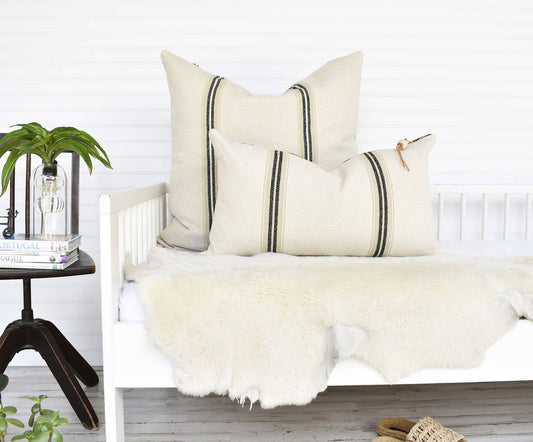 FRENCH COTTON LUMBAR PILLOW WITH BLACK STRIPES